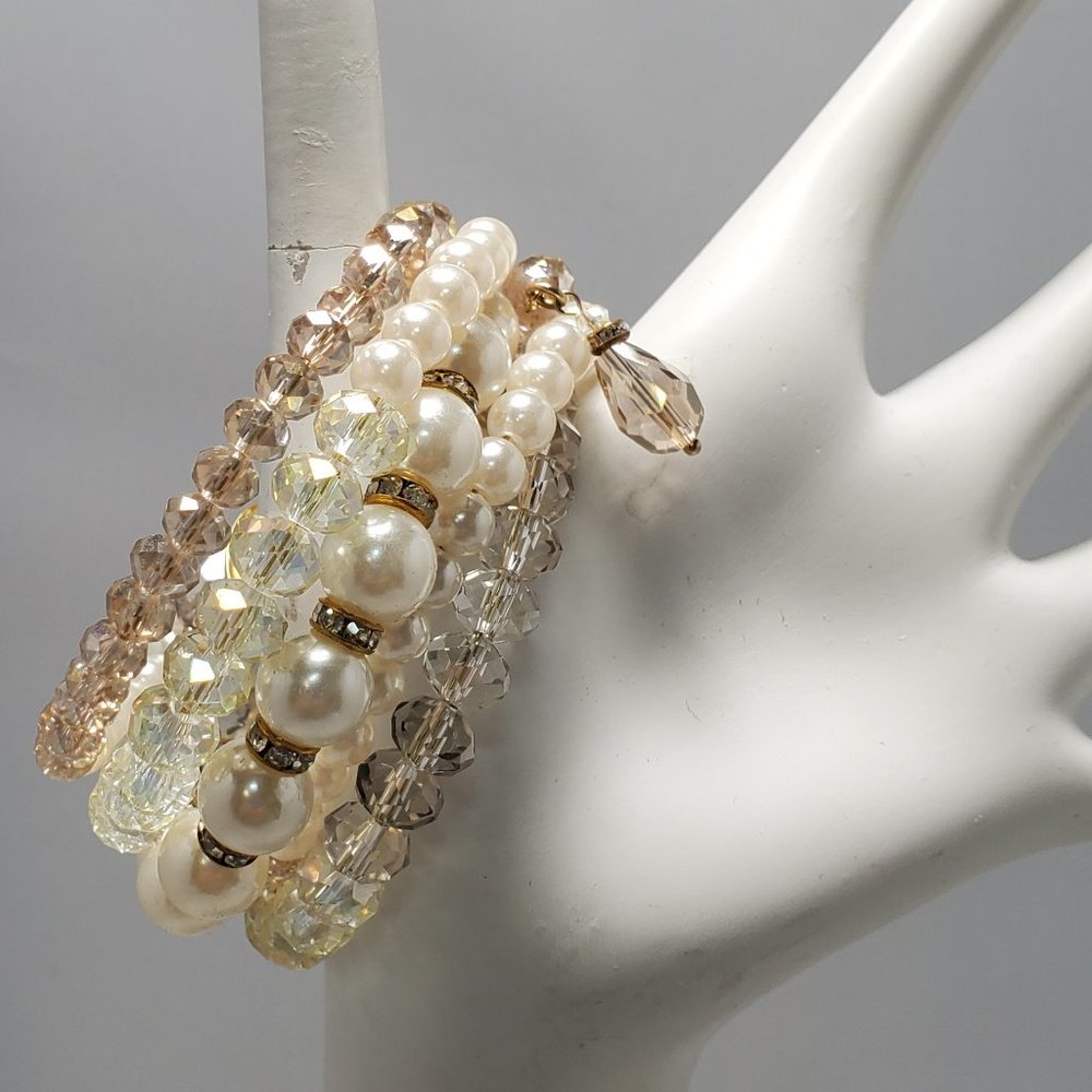 Ali Khan gold pearl glass bead 6 row coil bracelet